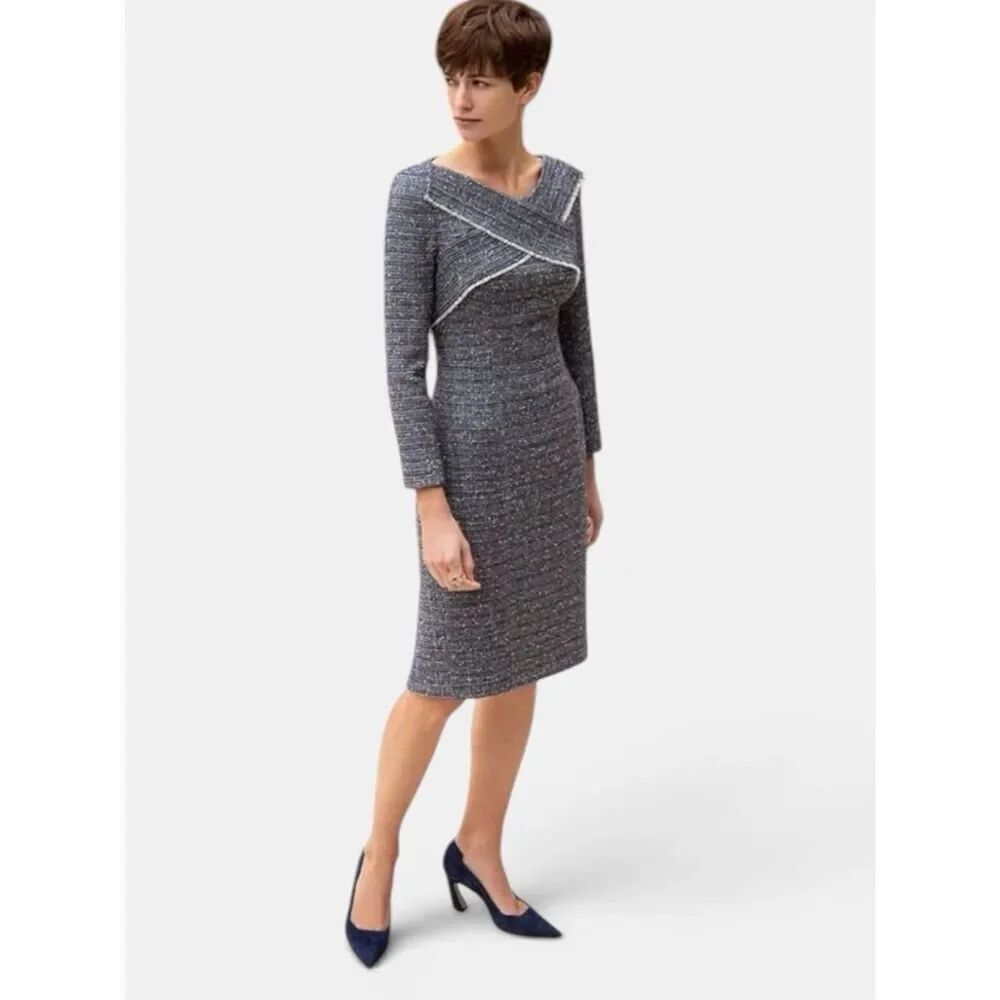 The Fold London Textured Boucle Sheath Dress Navy Ivory Fringe Detail UK 12 US 8